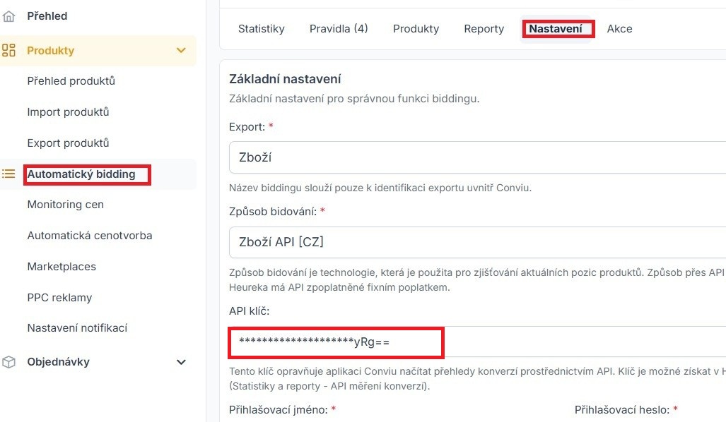 Screenshot sekce Automatický bidding v aplikaci Conviu – základní nastavení biddingu se zvýrazněnou položkou Nastavení a polem pro API klíč.