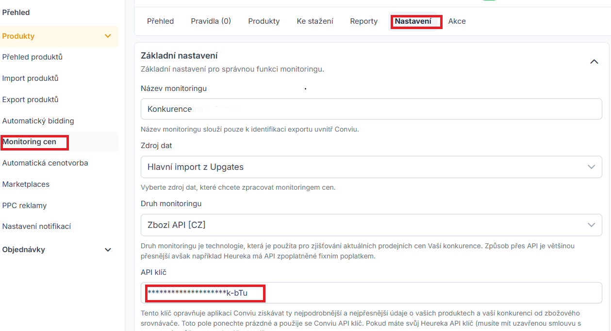 Screenshot sekce Monitoring cen v aplikaci Conviu – nastavení monitoringu Konkurence se zdrojem dat z Upgates a polem pro API klíč.