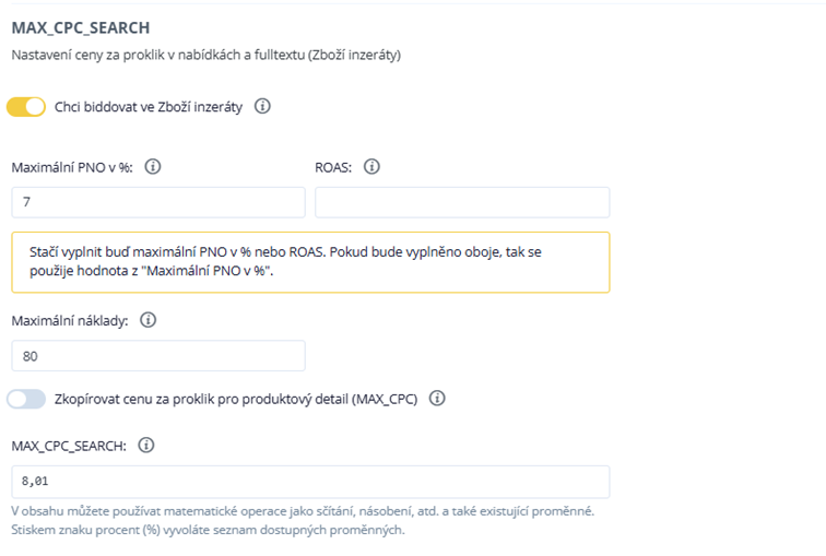 Nastavení MAX_CPC_SEARCH ve Zboží inzerátech v Conviu s maximálním PNO 7 %, maximálními náklady 80 a cenou za proklik 8,01.