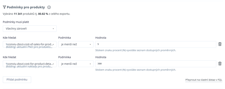 Sekce Podmínky pro produkty v Conviu, kde je z exportu vybráno 11 341 produktů (80,82 %) pomocí podmínek na PNO a náklady.