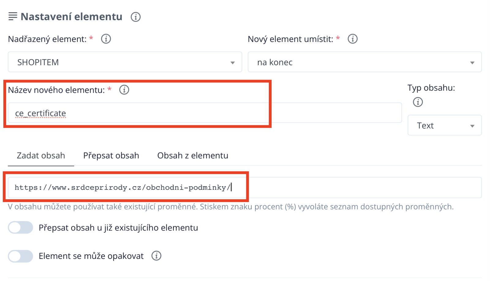 Nastavení nového elementu ce_certificate v Conviu s odkazem na obchodní podmínky pro GPSR certifikát