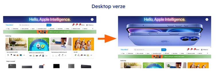 Desktop verze Heureky před a po nasazení display reklamy Apple Intelligence v hlavičce katalogu.