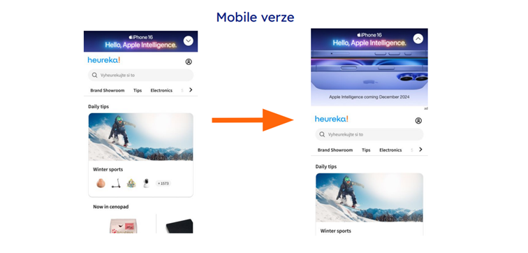 Mobilní verze Heureky před a po nasazení rozšířené display reklamy iPhone 16 s Apple Intelligence v hlavičce.