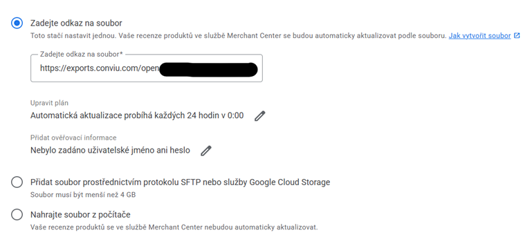 Nastavení odkazu na soubor s recenzemi v Google Merchant Center s automatickou aktualizací každých 24 hodin.