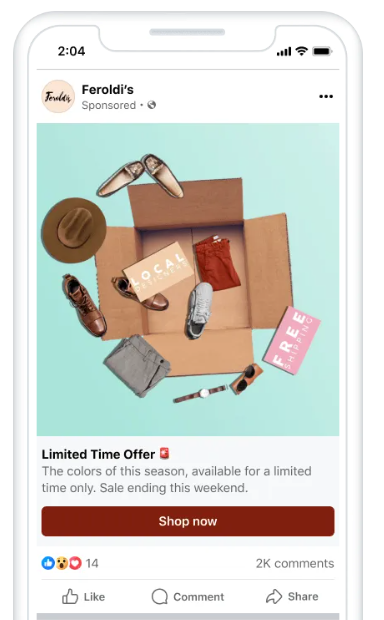 Statický banner značky Feroldi's na Facebooku s rozbalenou krabicí oblečení, popiskem Limited Time Offer a tlačítkem Shop now.