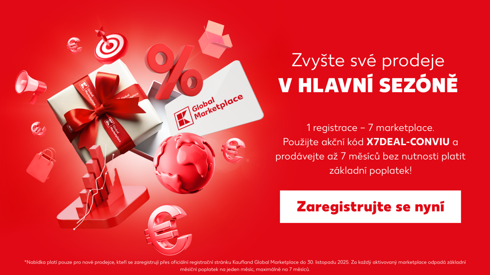 Reklamní banner Kaufland Global Marketplace s akčním kódem X7DEAL-CONVIU a výzvou Zaregistrujte se nyní pro prodej během hlavní sezóny
