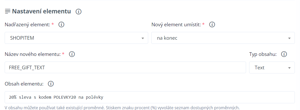Nastavení elementu FREE_GIFT_TEXT v Conviu typu Text s obsahem 20% sleva s kódem POLEVKY20 na polévky.