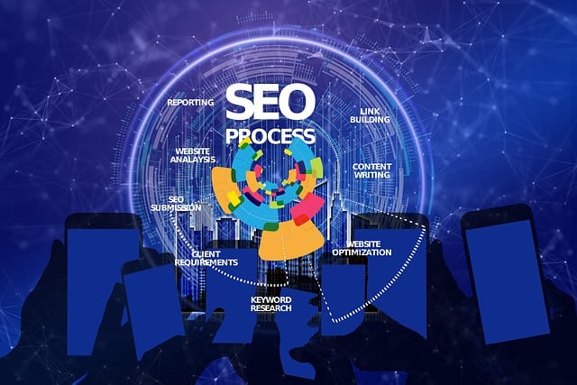 Ilustrace SEO procesu s mapou světa, mobily a kruhovým schématem kroků jako reporting, analýza webu a link building