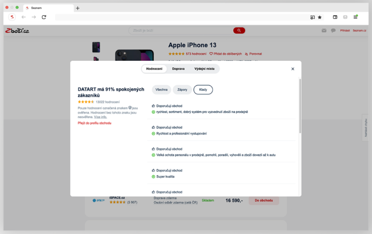 Detail Apple iPhone 13 na Zboží.cz s otevřeným oknem hodnocení obchodu DATART s 91 % spokojených zákazníků.